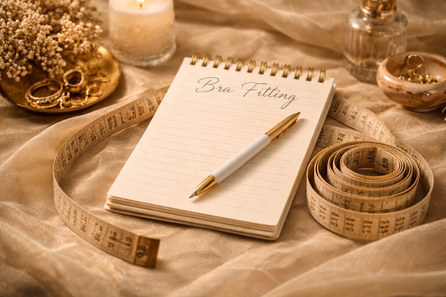 Notebook with bra fitting notes and measuring guidance.
