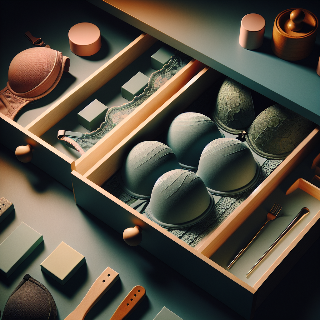 Bras stored in a drawer with cups nested upright.